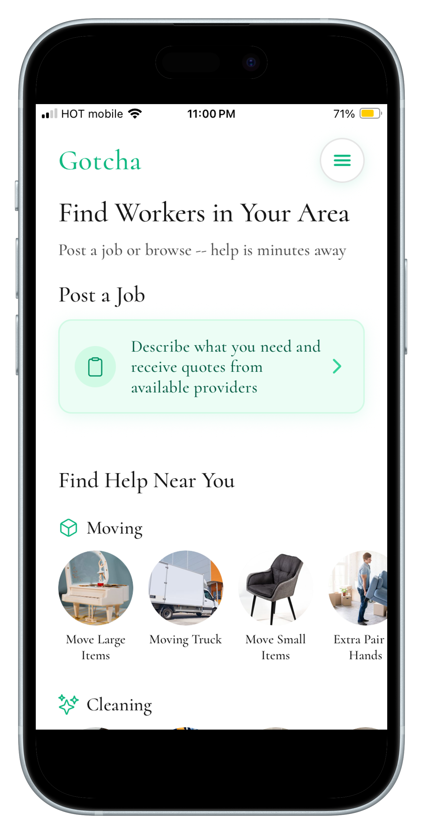 Gotcha home screen showing service categories and Find Help Near You